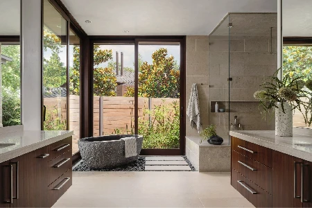 Render 3D de baño moderno tipo spa con porcelanato símil mármol y vanitory suspendido