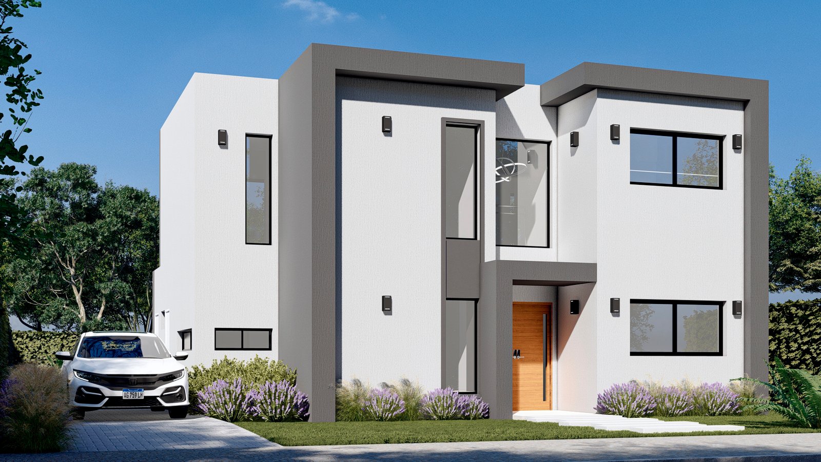 Casa Moderna de 1 Planta con Pérgola Solar - DP Renders