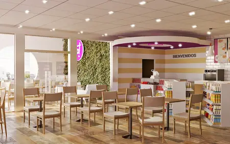 Interior comercial con mesas, sillas, mostrador y exhibición de productos