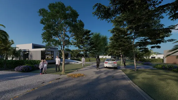Barrio peatonal con árboles y viviendas — pack 3D SketchUp D5