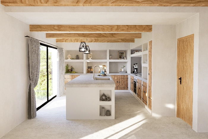 Render interior de living y cocina