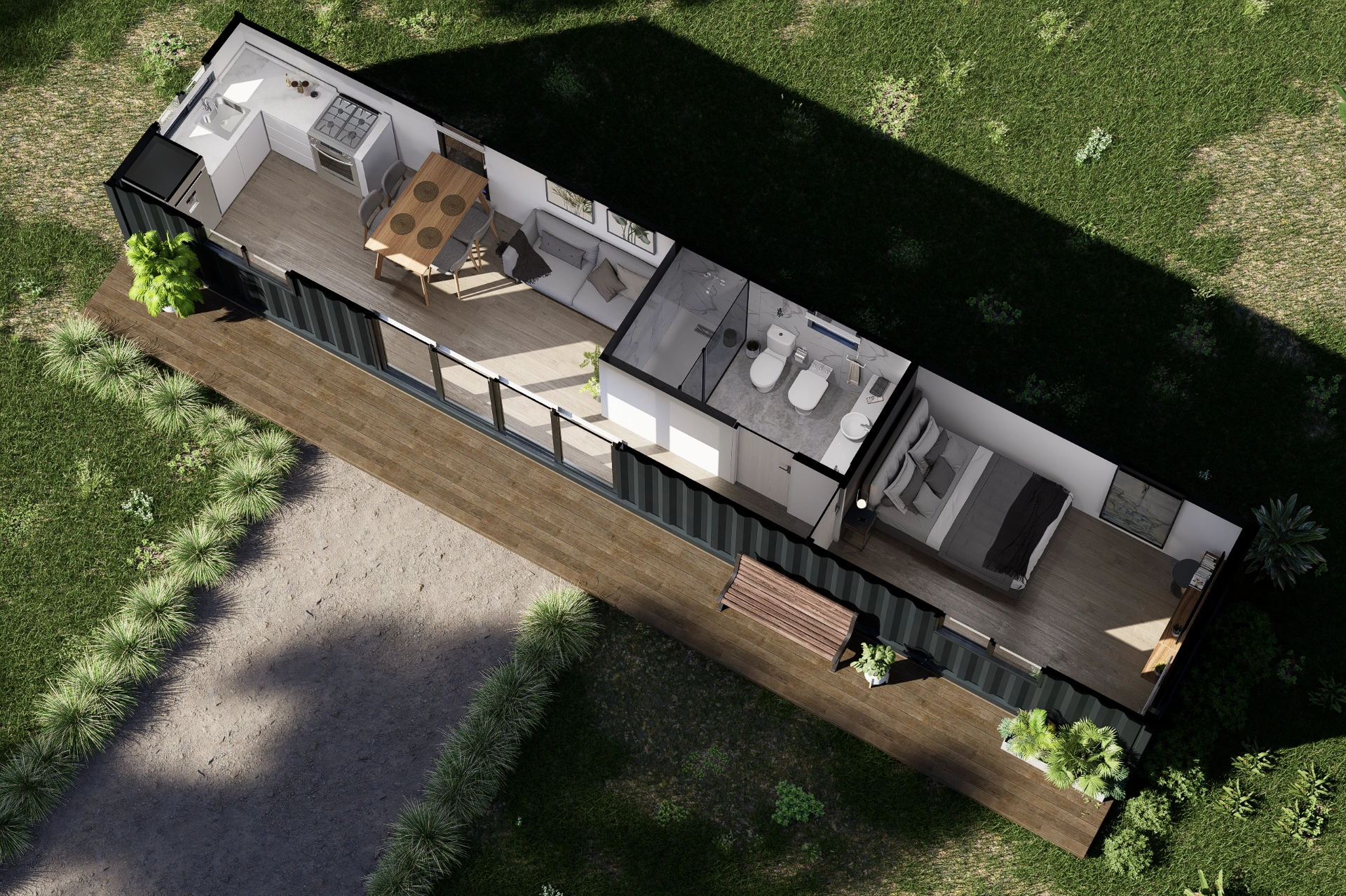 Ilustración de vivienda con apariencia de contenedor · vista 1