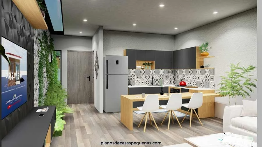 Imagen de referencia de sala y cocina de la vivienda de 5 por 16 metros
