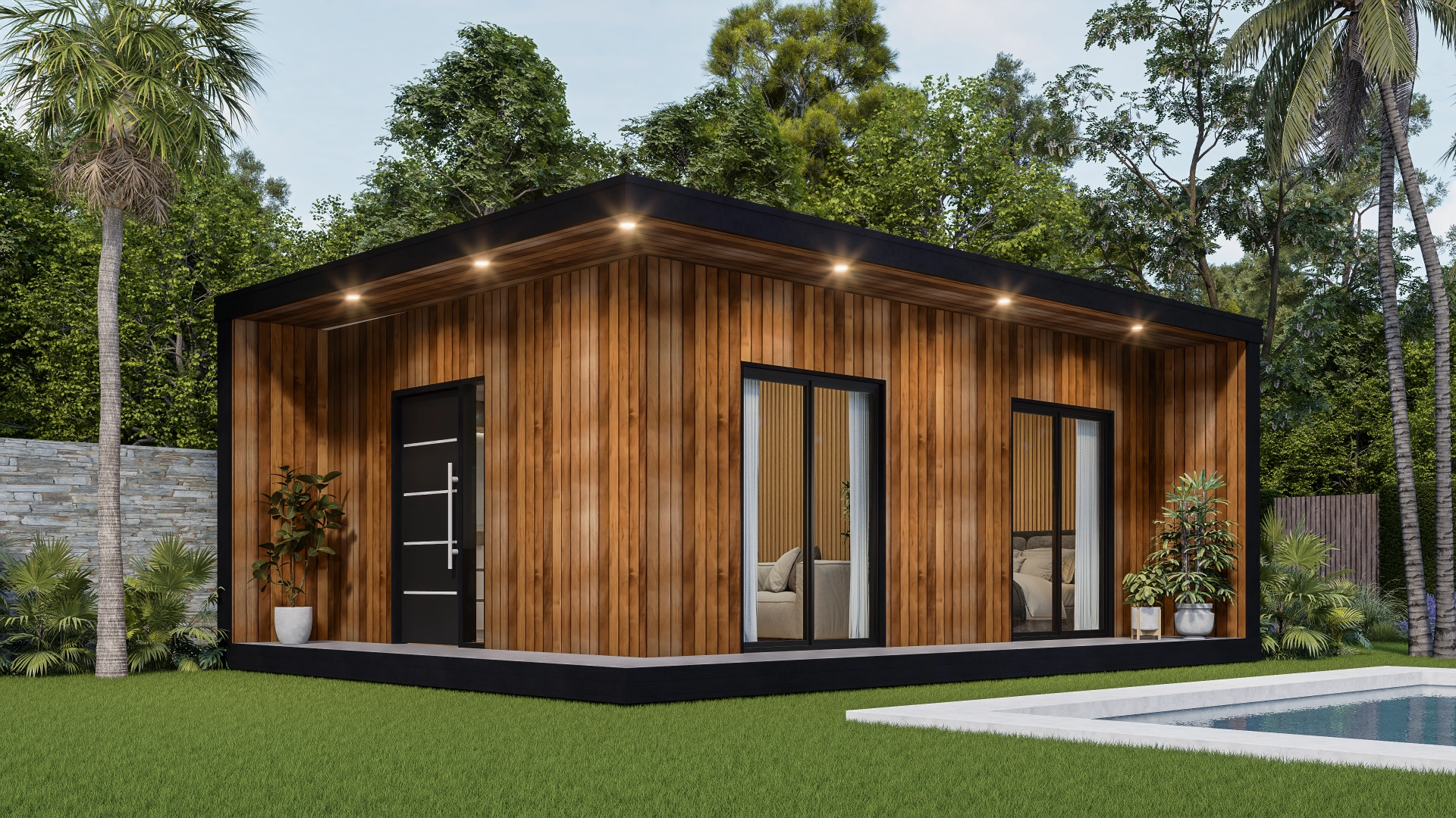 Visualización de referencia de una vivienda compacta con fachada de apariencia de madera
