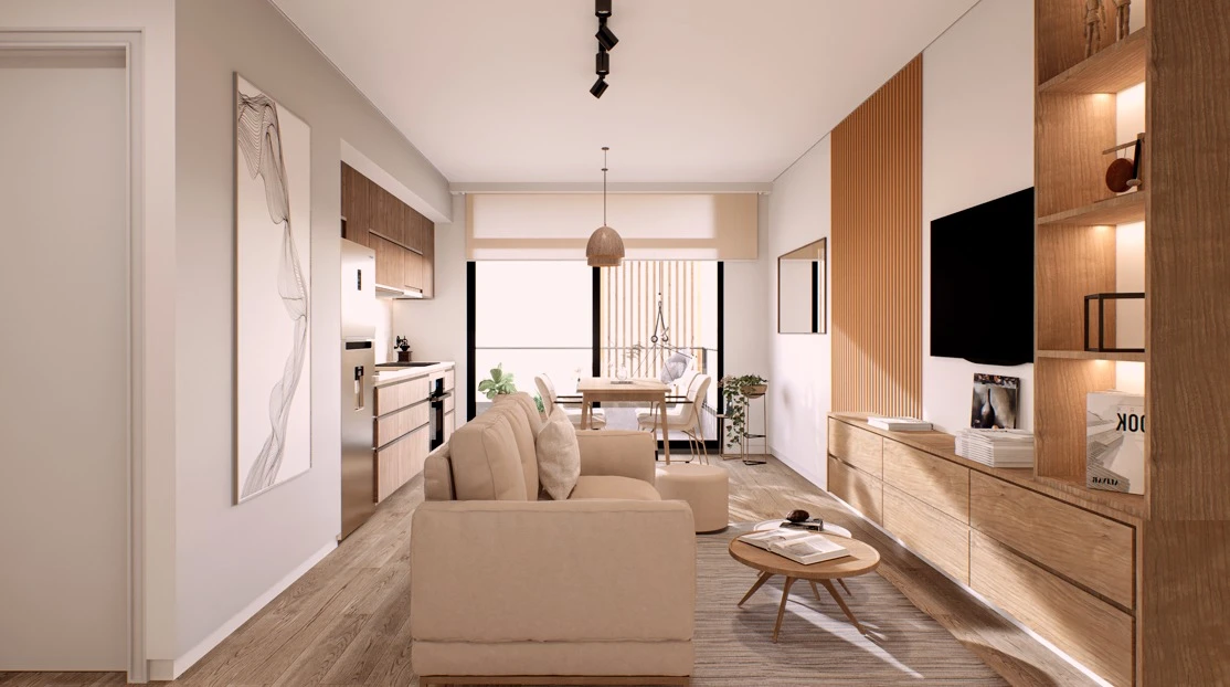 Imagen de referencia de un interior con sala, mobiliario y cocina