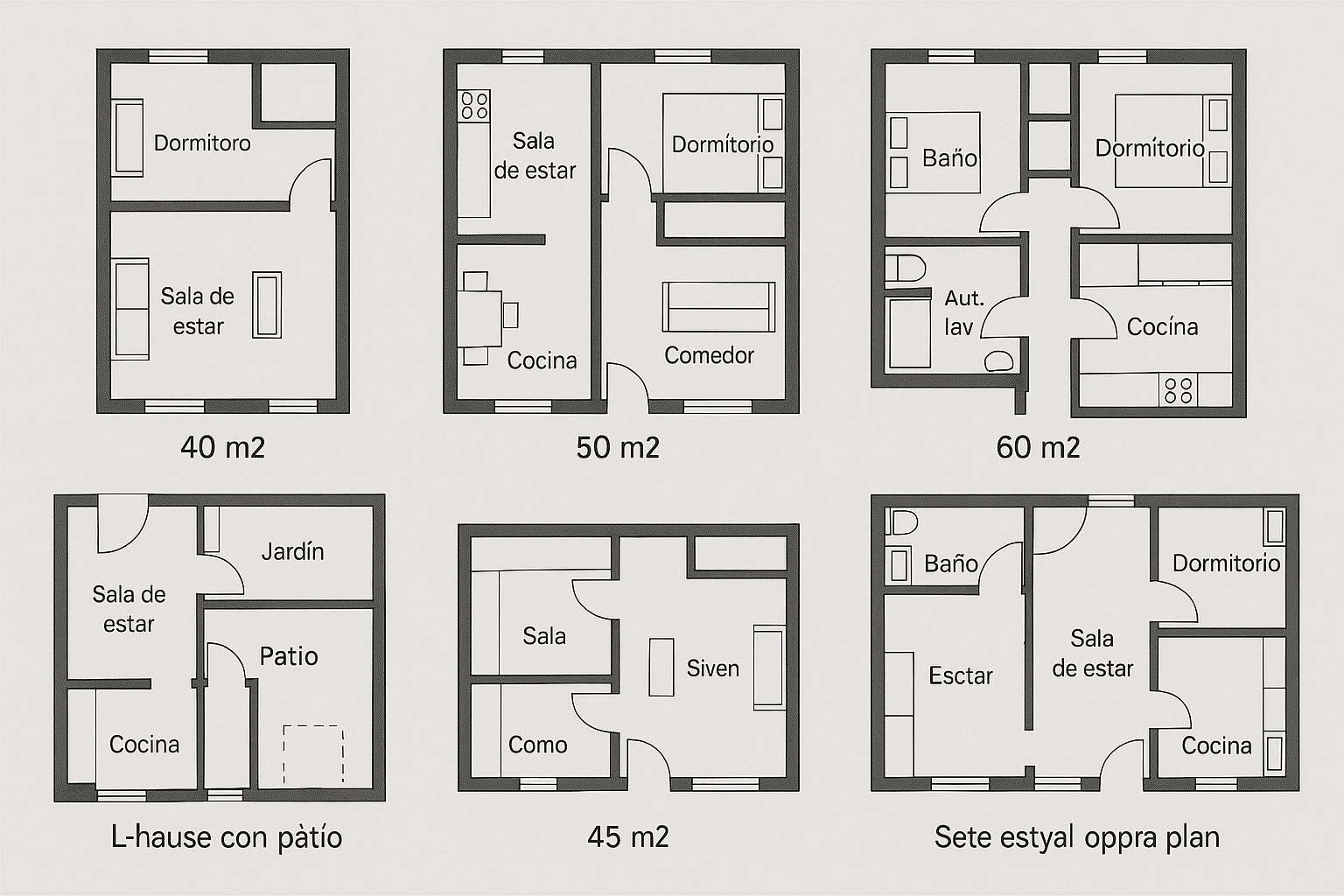 Ilustración conceptual de seis distribuciones de casas pequeñas vistas en planta