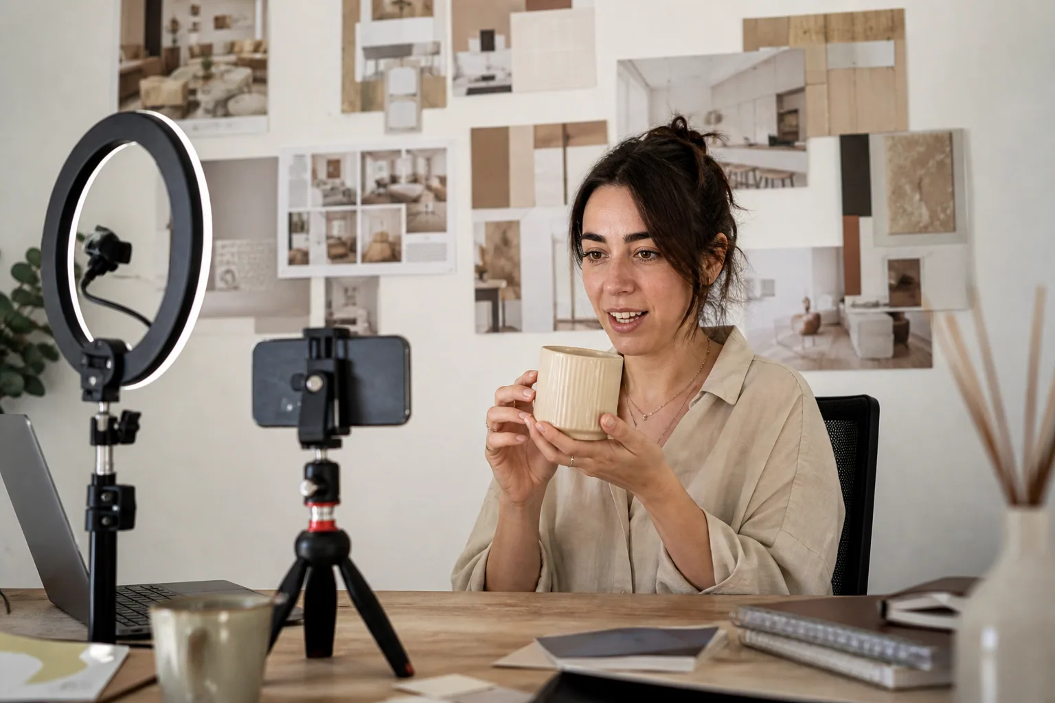 Community manager grabando un reel con celular, trípode y ring light