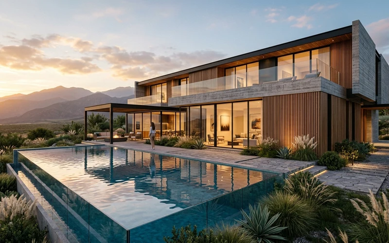 Visualización ilustrativa de una vivienda con piscina