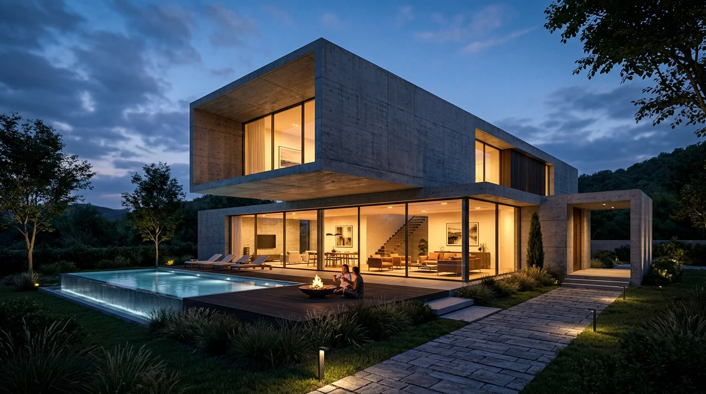 Vivienda de dos plantas con piscina al atardecer