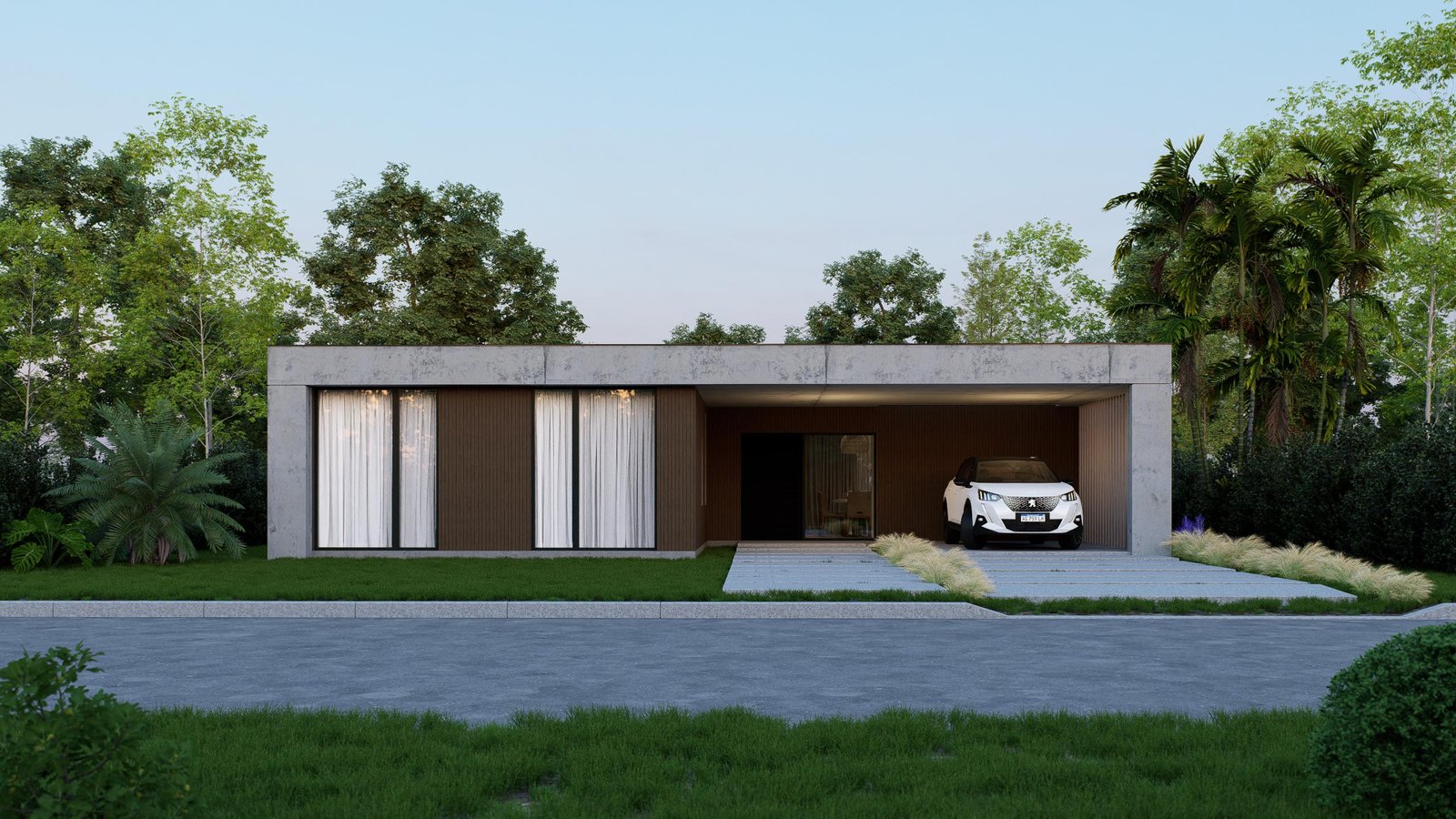 Render 3D de local comercial y bar moderno con iluminación cálida y barra de diseño