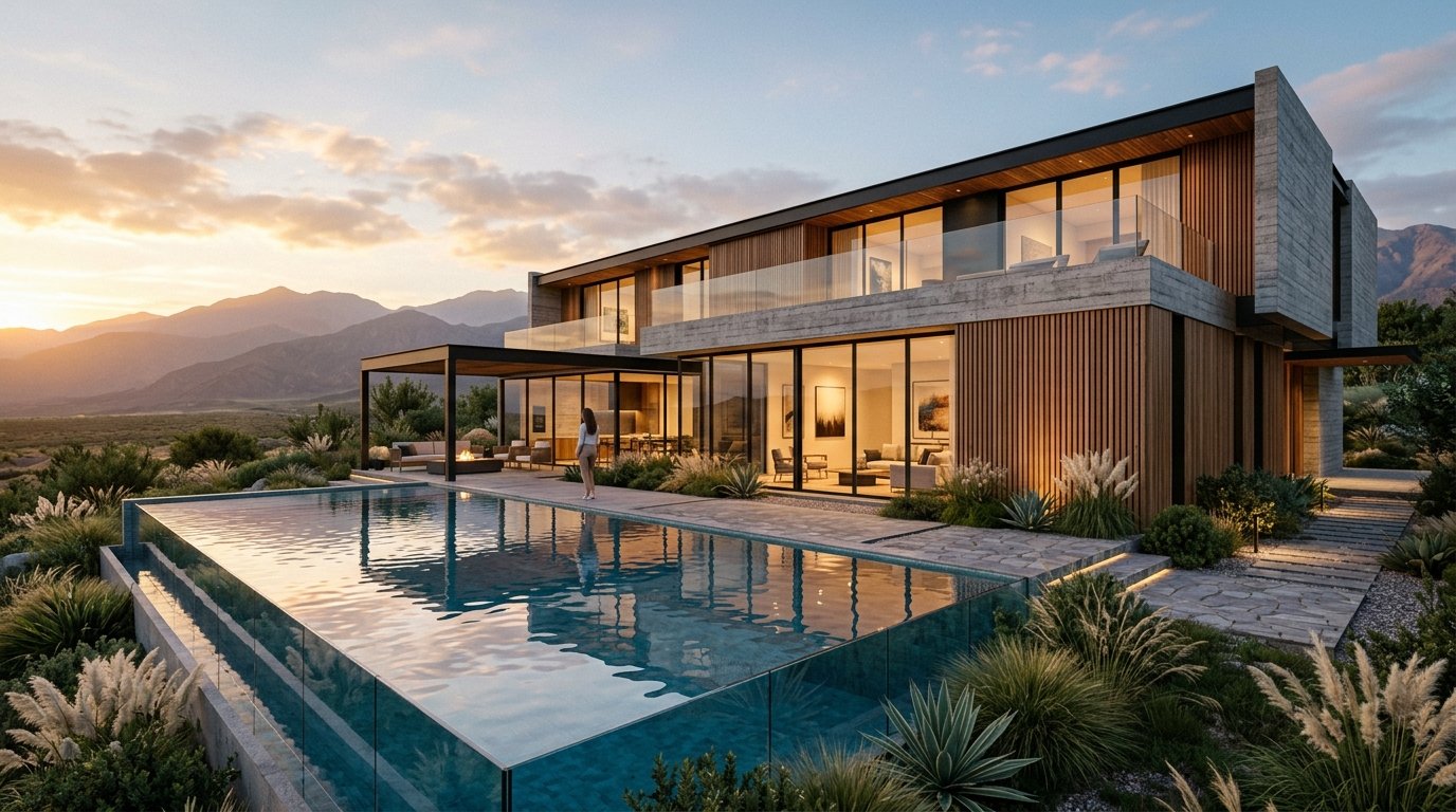 Render 3D de fachada de casa moderna con hormigón visto y piscina en Argentina