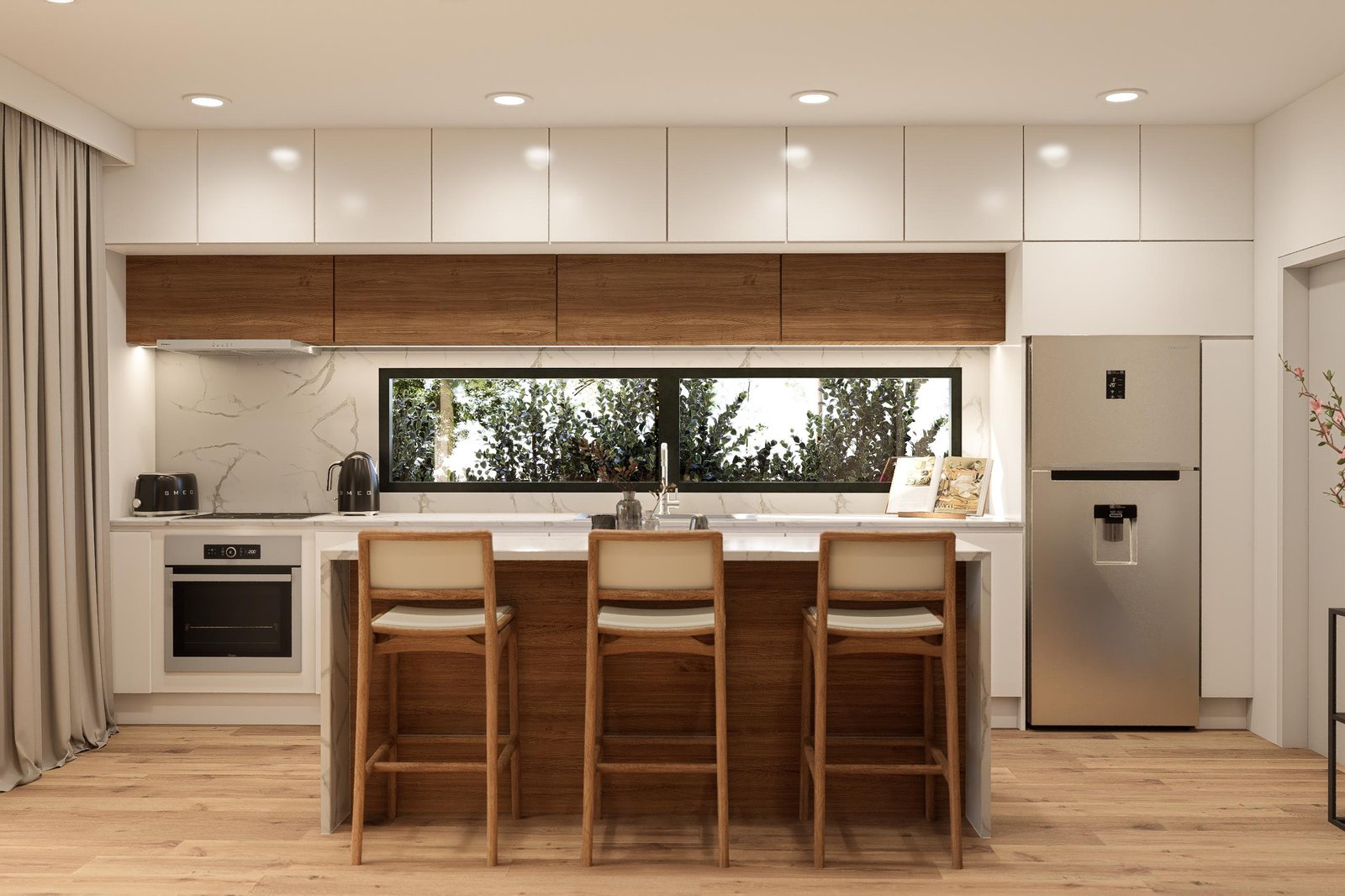 Render de exterior arquitectónico con vegetación