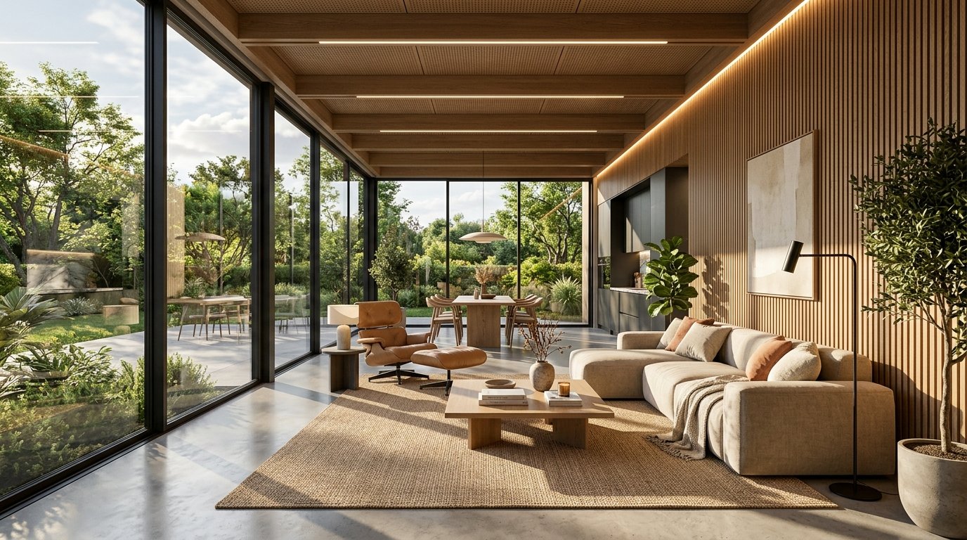 Render 3D de living moderno integrado con ventanales y luz natural