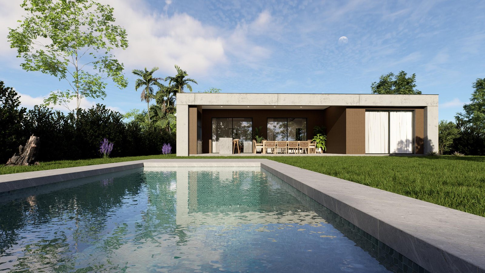 Render de living comedor con iluminación PBR