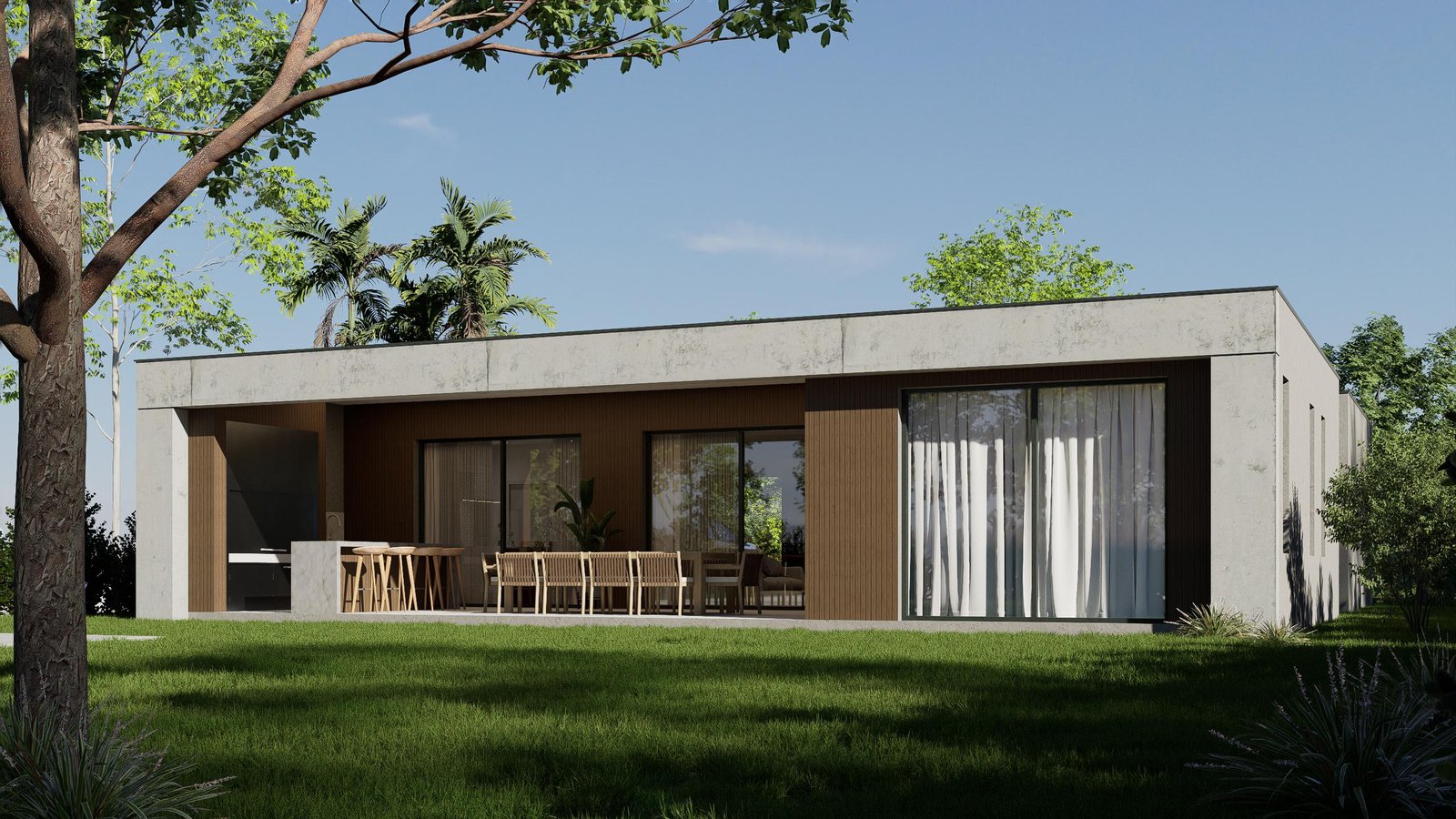 Render de fachada residencial al atardecer