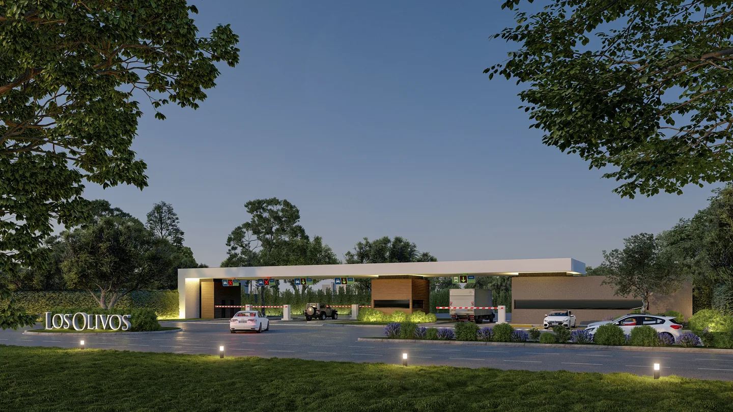 Render del acceso al desarrollo Los Olivos, con paisajismo e iluminación exterior