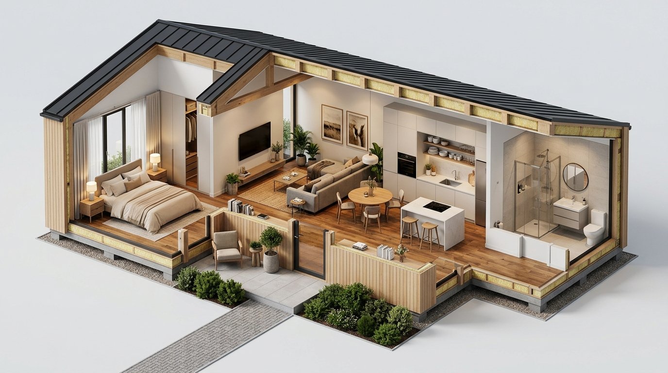 Corte isométrico 3D de distribución de casa pequeña bien diseñada
