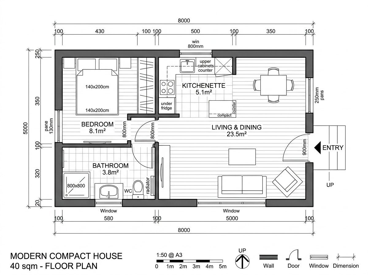 Plano de casa de 40 m2 con medidas y cotas arquitectónicas