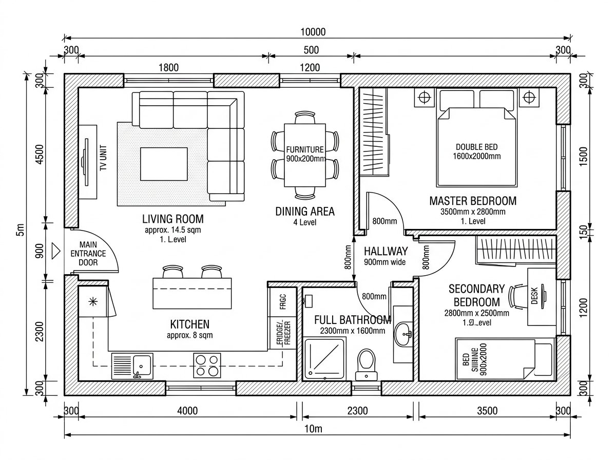 Plano de casa de 50 m2 con 2 dormitorios y medidas