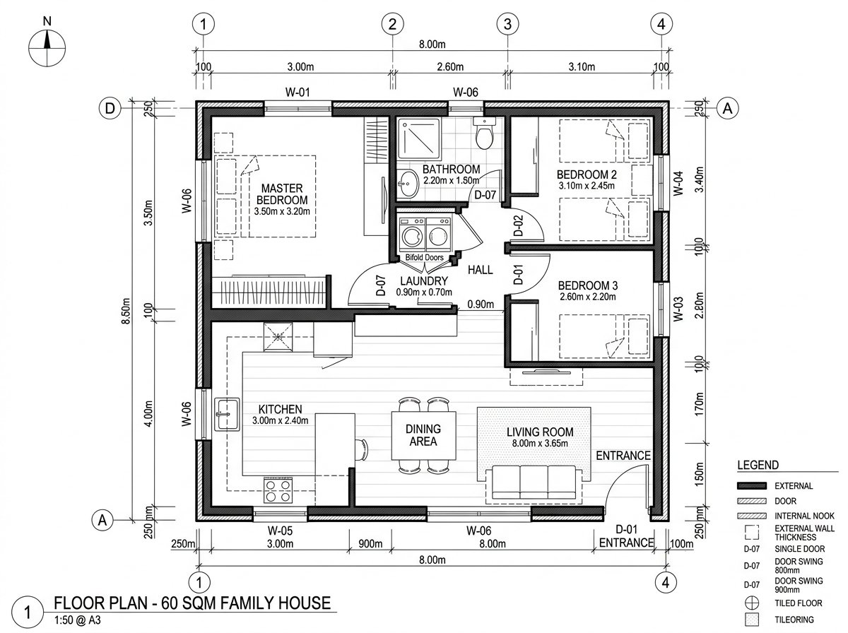 Plano de casa de 60 m2 con 3 dormitorios y medidas completas