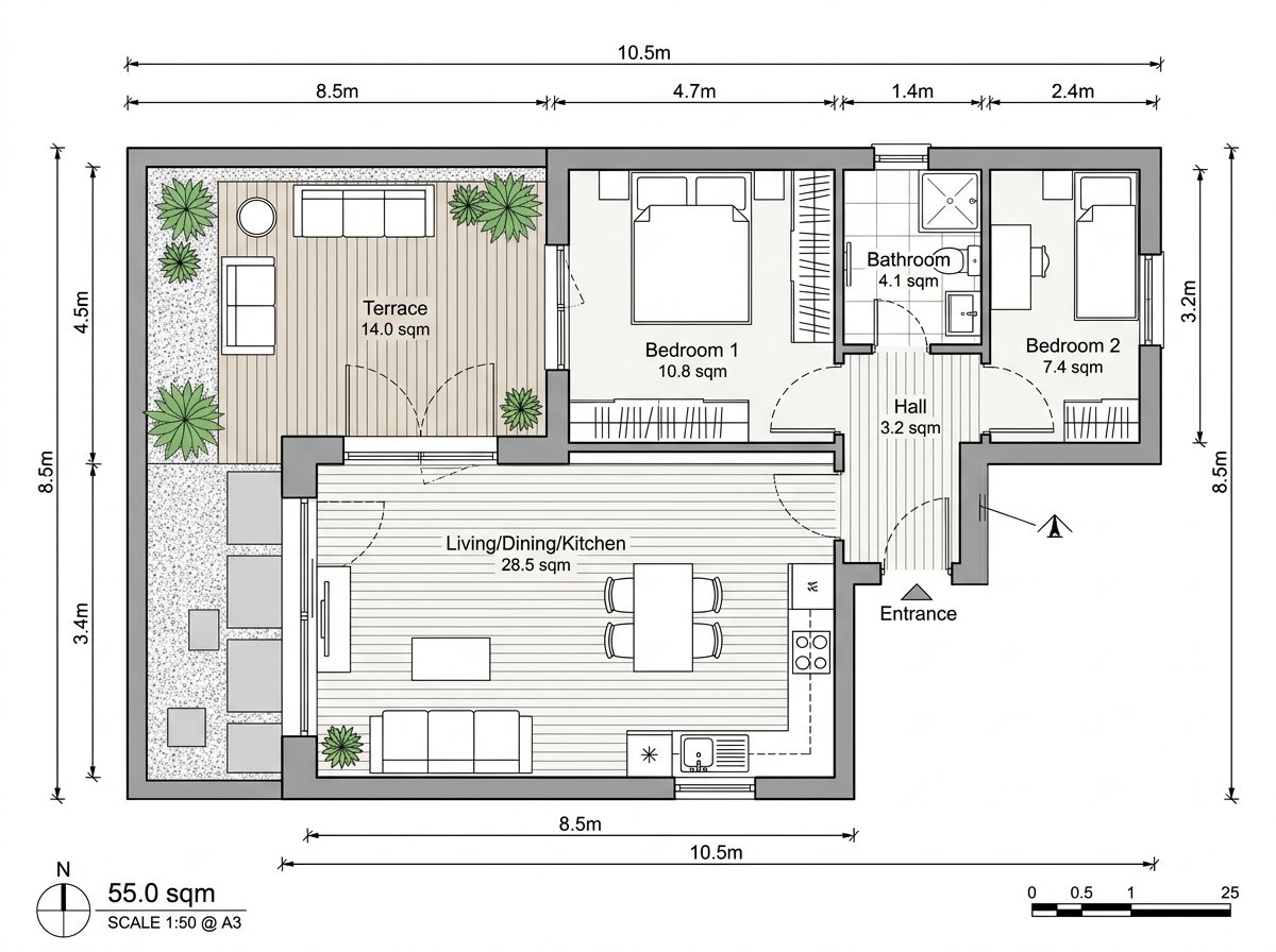 Plano de casa en L de 55 m2 con medidas y patio terraza