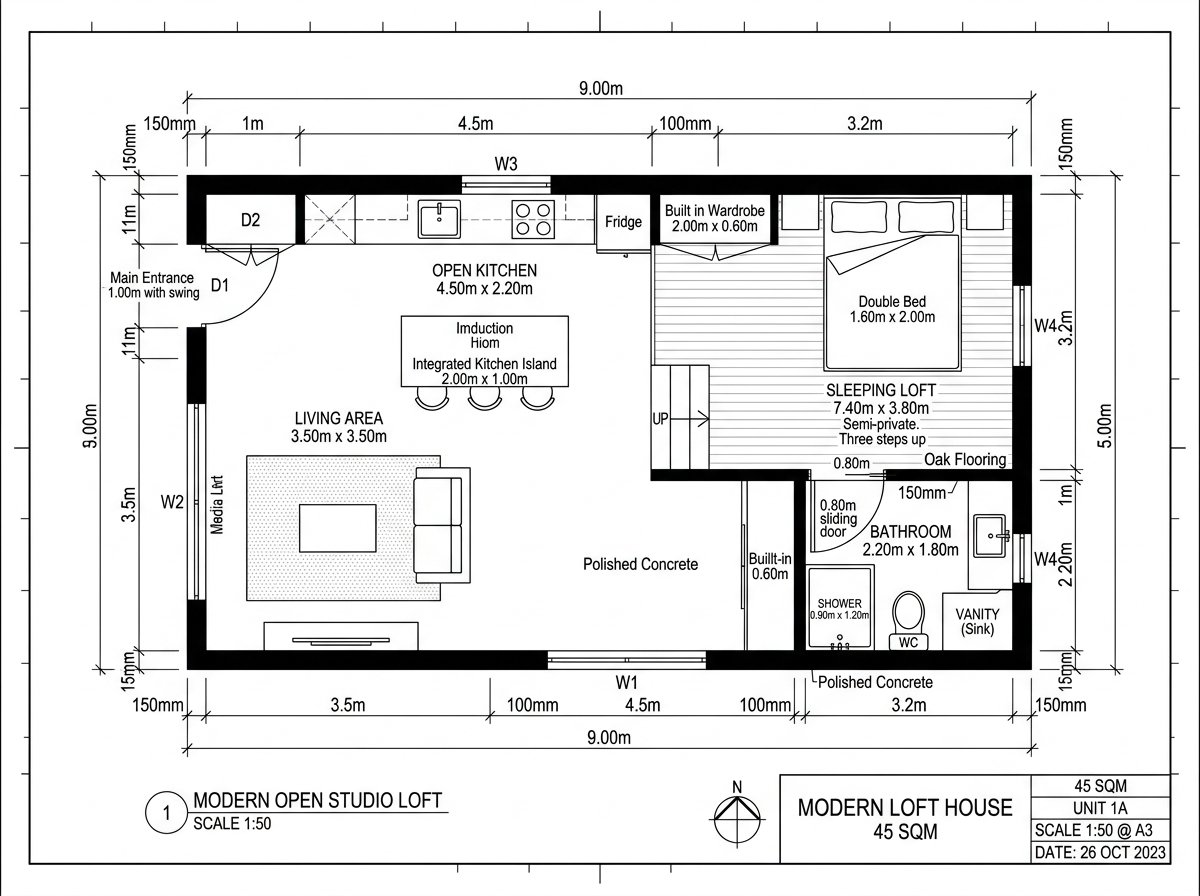 Plano de casa tipo loft de 45 m2 con medidas y detalles de distribución
