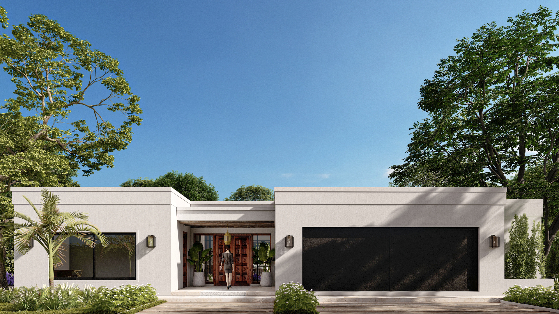 Render 3D: frente de vivienda con cochera y jardín