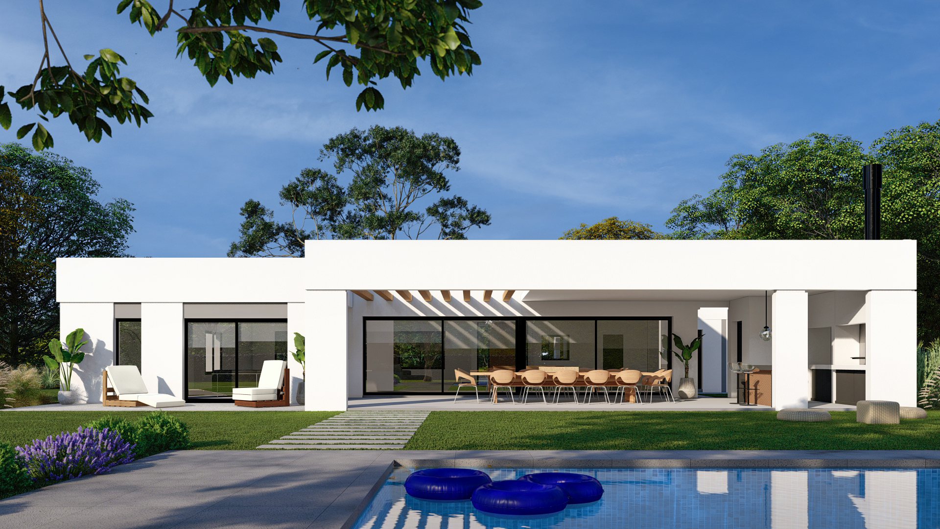 Render 3D: vivienda baja vista desde la piscina