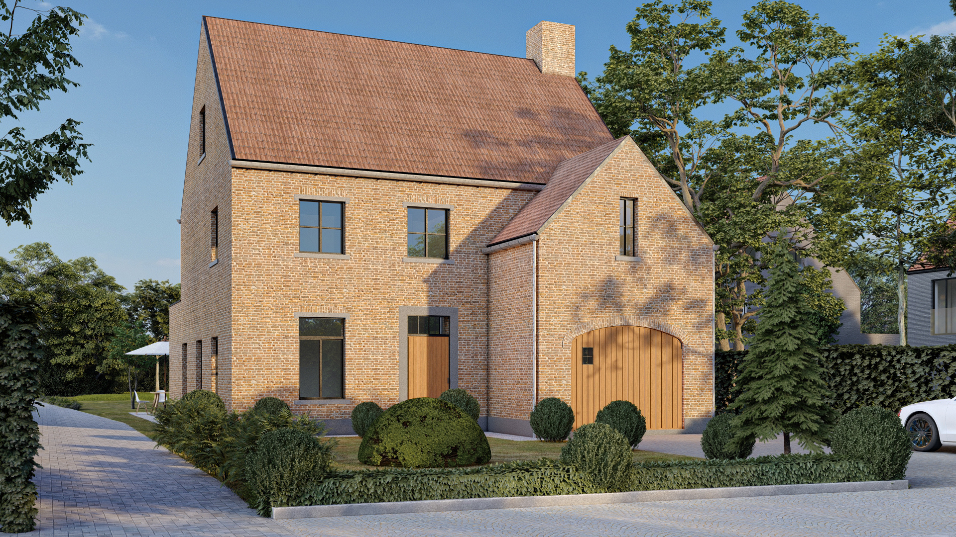 Render 3D: vivienda de ladrillo vista desde el jardín