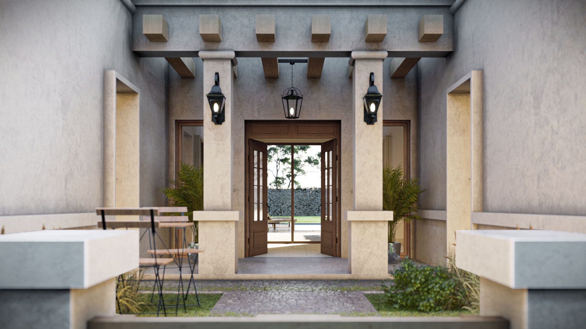Render 3D: galería con mesa, puertas y luces de pared