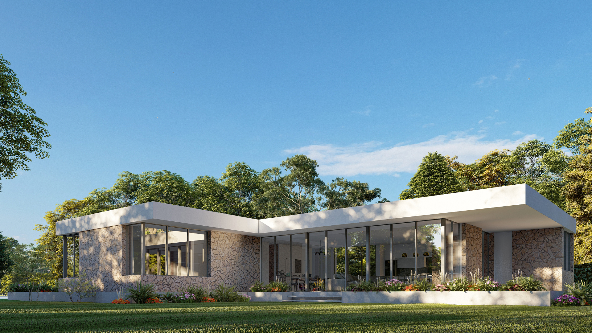 Render 3D: vivienda baja con amplias ventanas al jardín