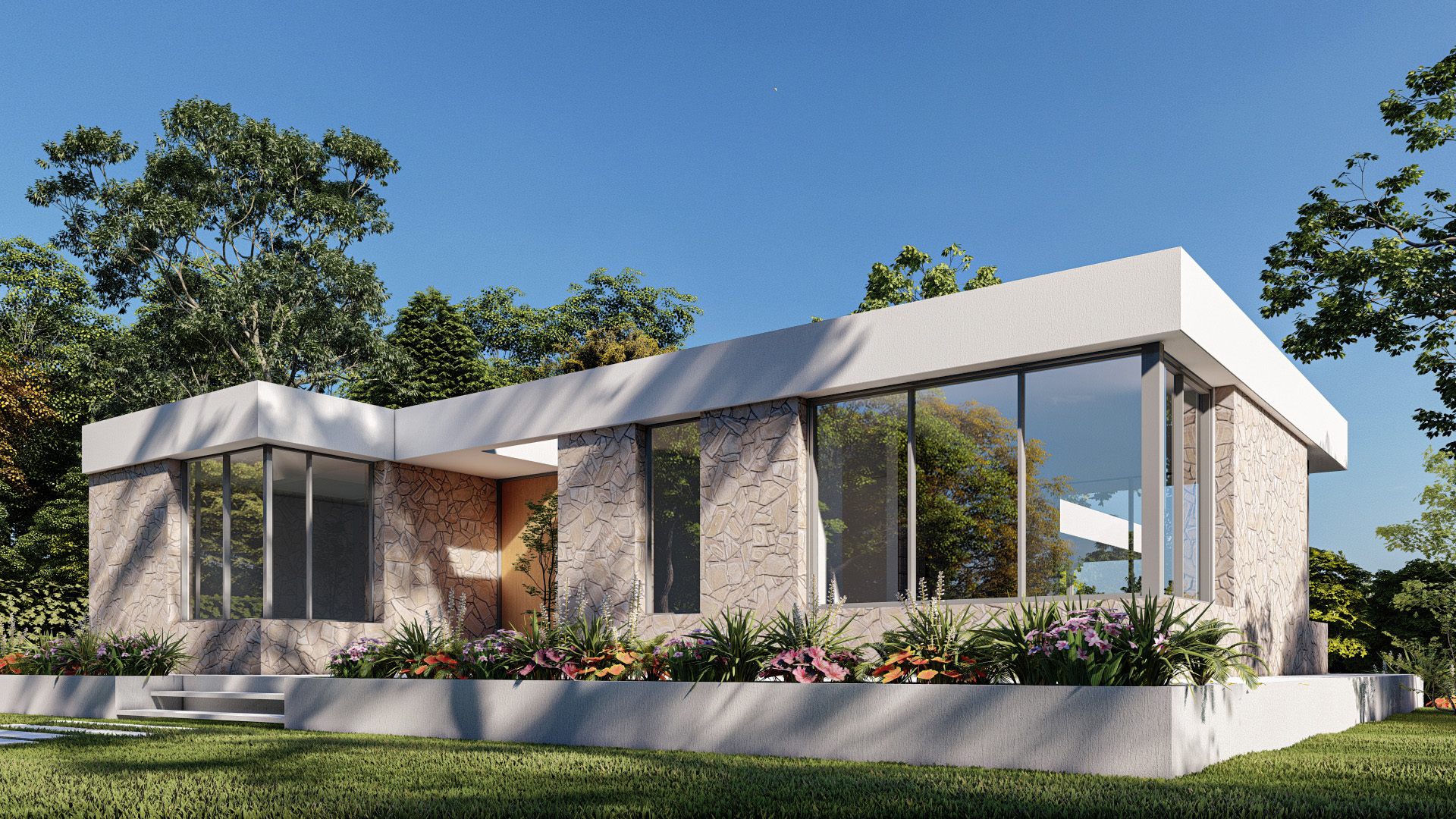 Render 3D: fachada con paños vidriados y volúmenes blancos