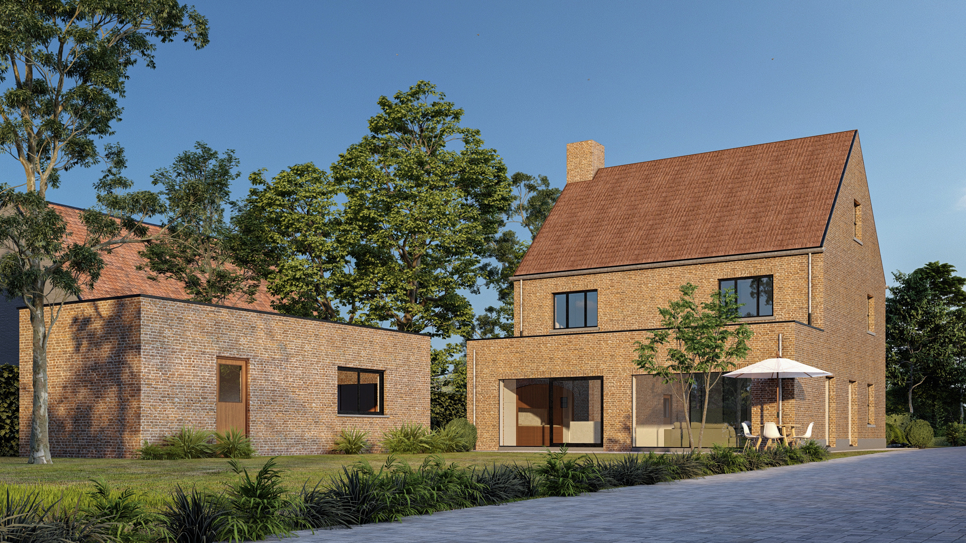 Render 3D: vivienda de ladrillo con techo inclinado