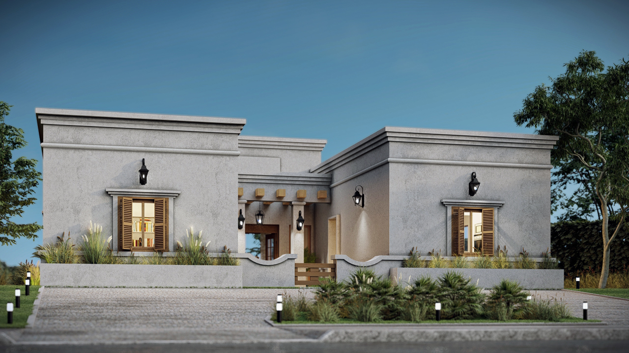 Render 3D: fachada simétrica con acceso iluminado