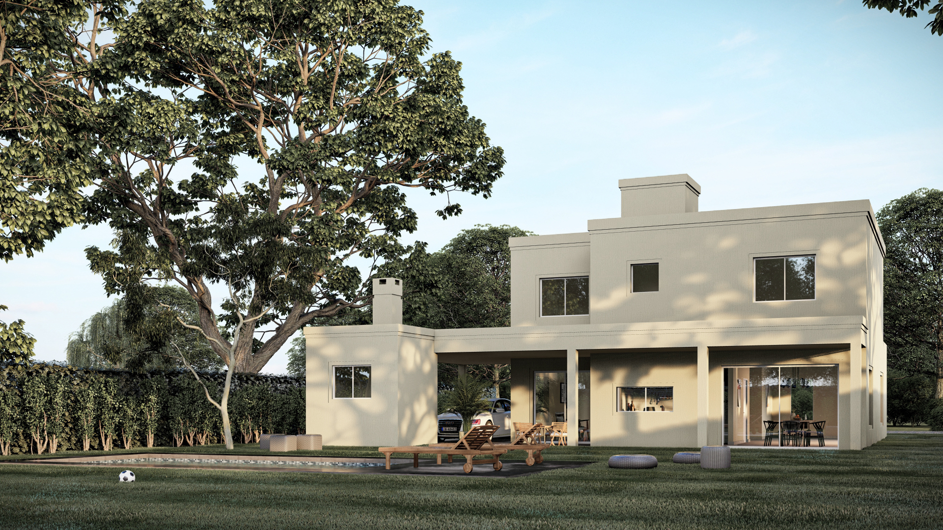 Render 3D: vivienda de dos plantas frente al jardín