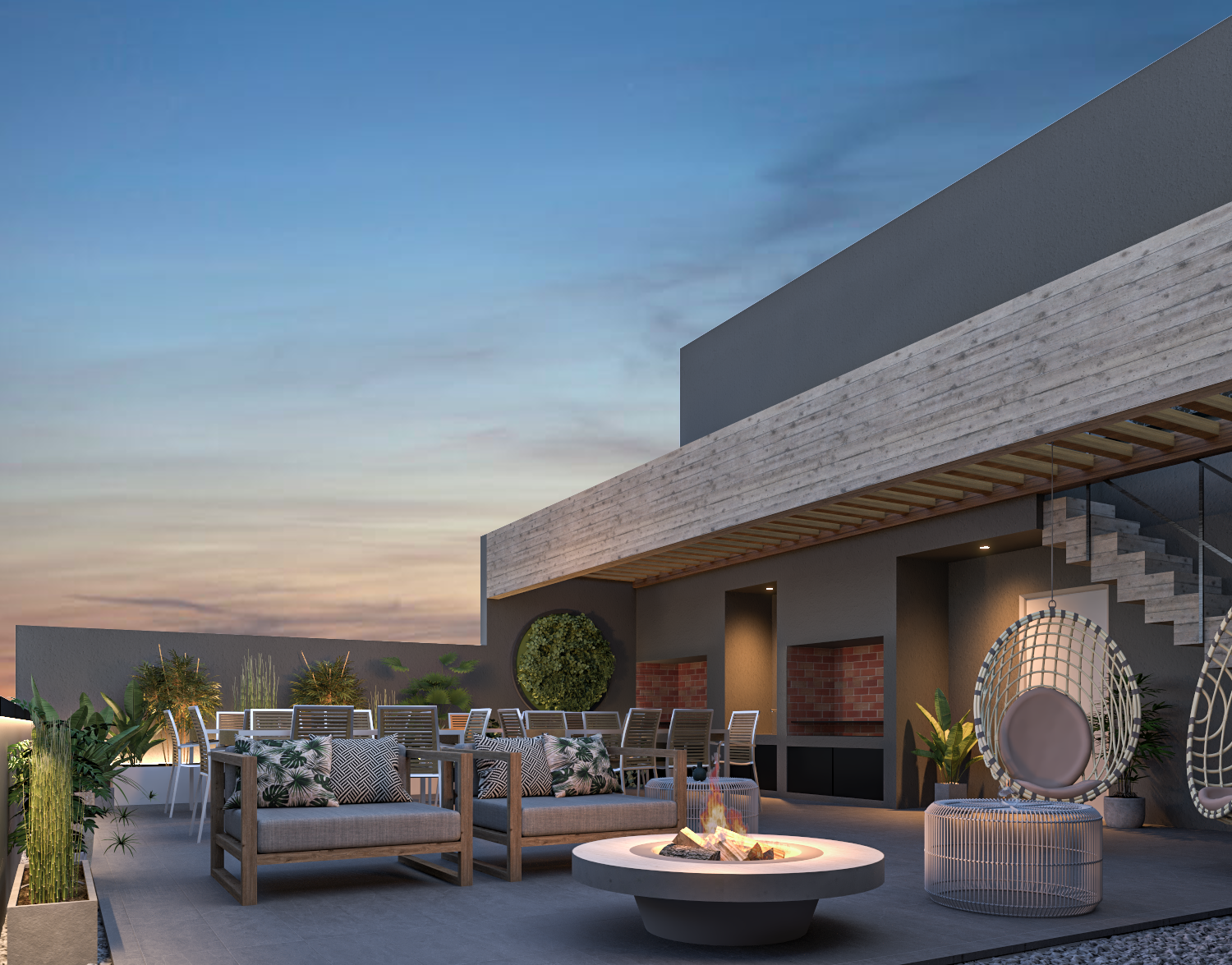 Render 3D: galería y mobiliario exterior al atardecer
