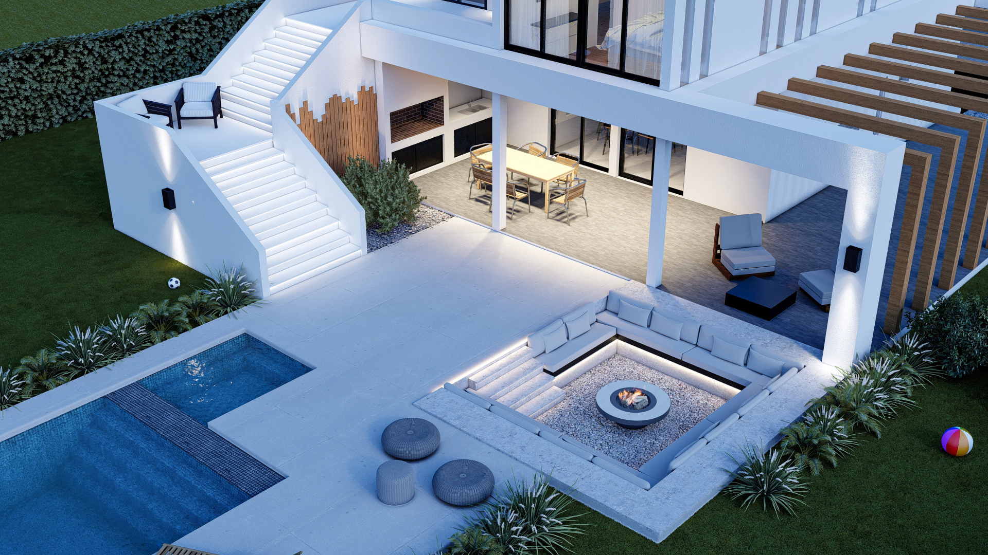 Render 3D: vista elevada de vivienda, patio y piscina