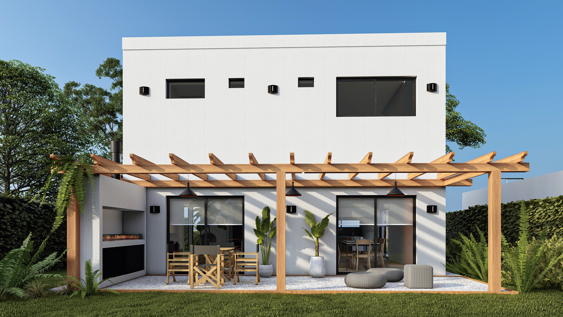 Render 3D: fachada de dos plantas con pérgola