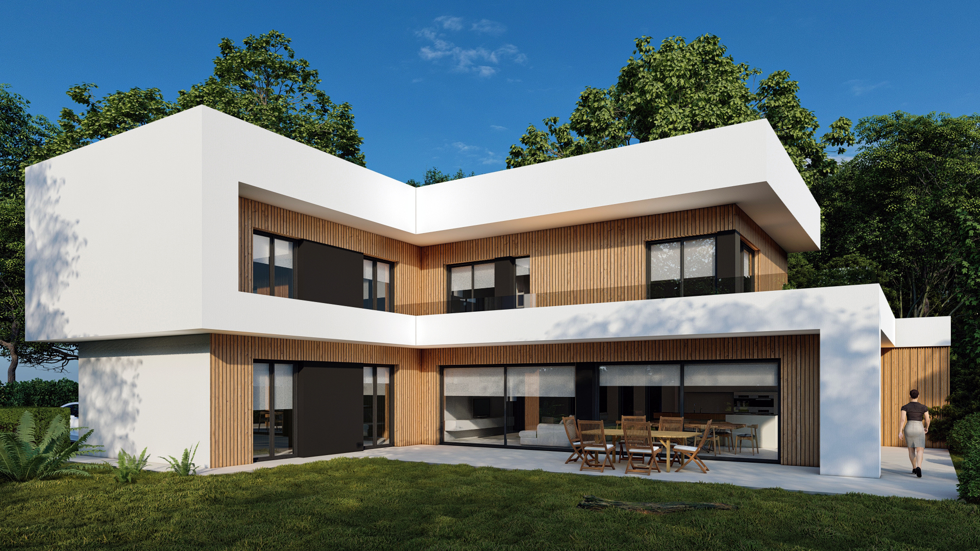 Render 3D: vivienda blanca con balcones y cochera