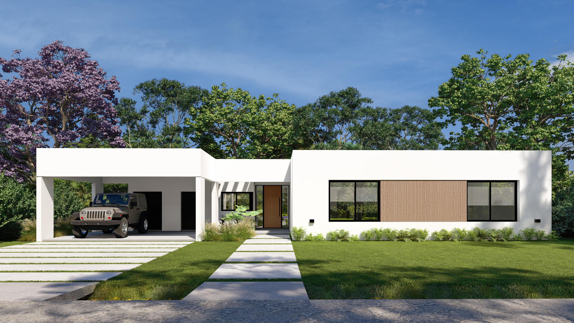 Render 3D: vivienda baja con sendero de acceso