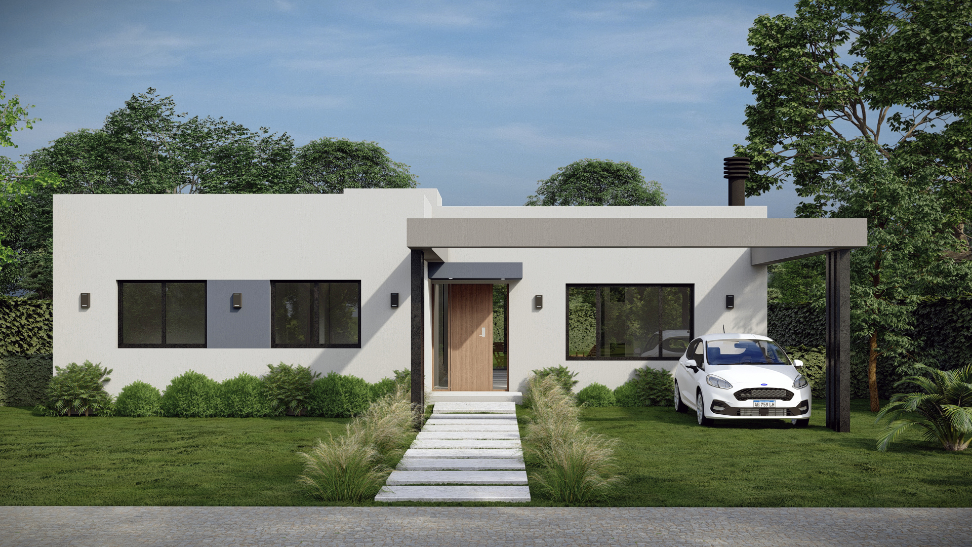 Render 3D: vivienda blanca con cochera abierta