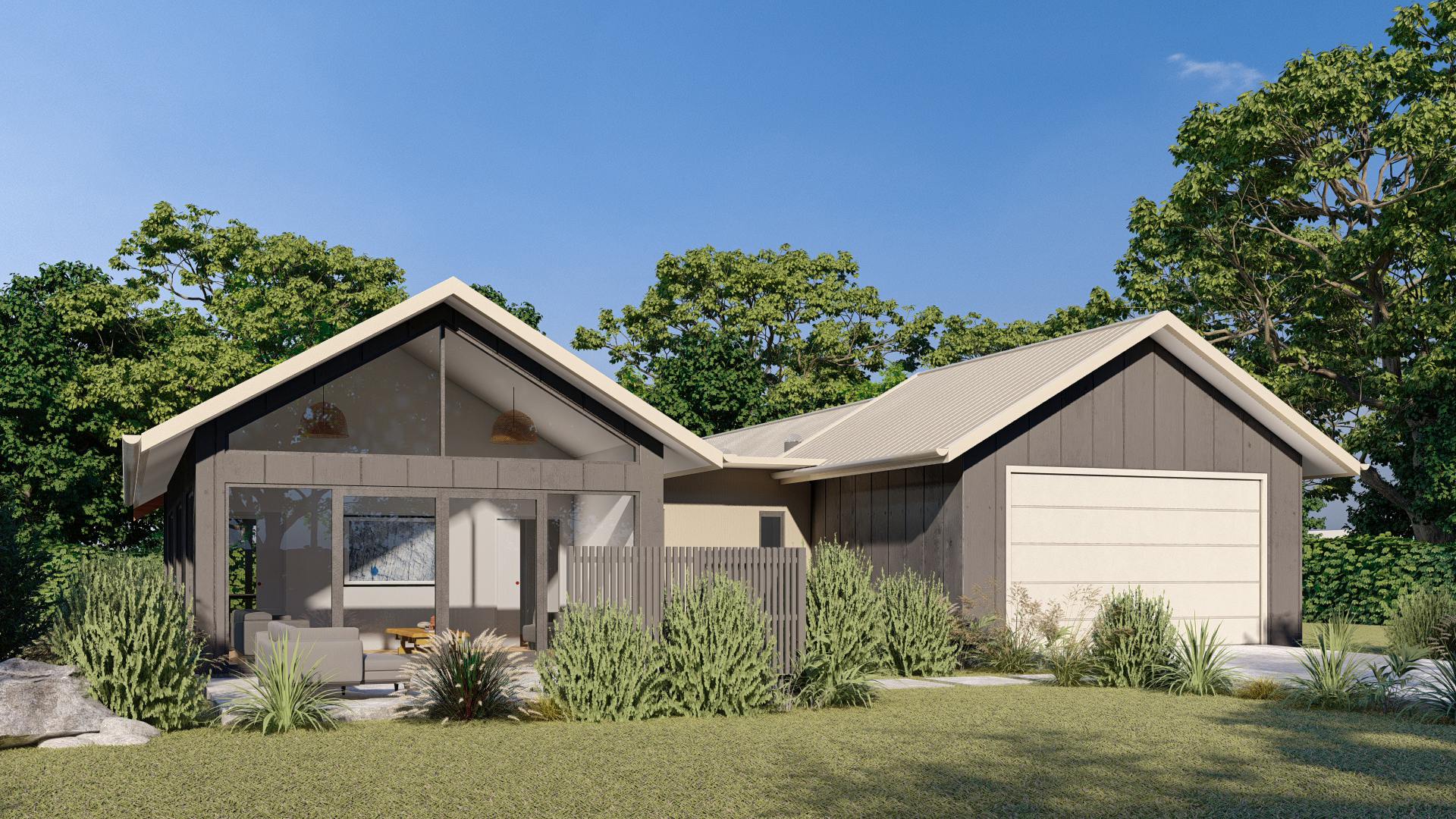 Render 3D: vivienda con cubierta inclinada y jardín