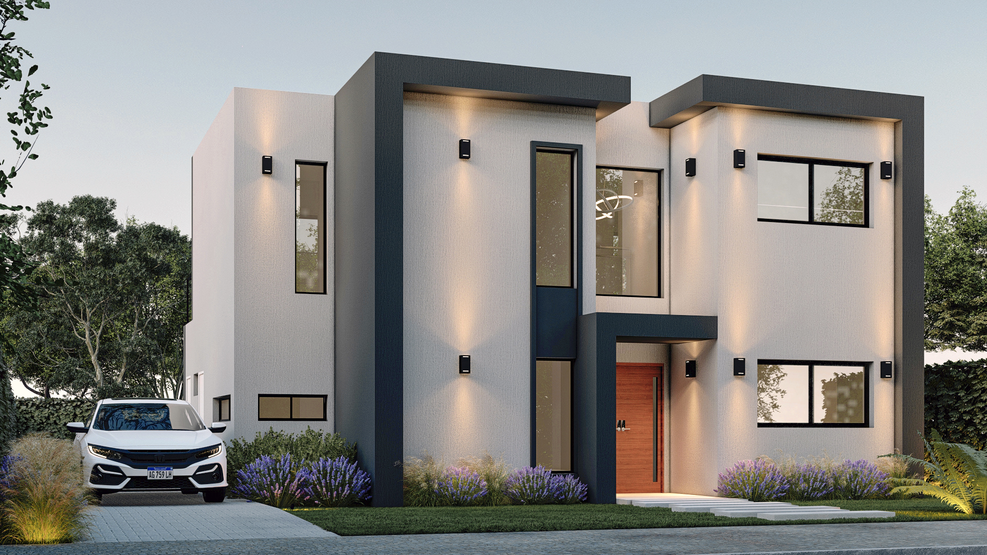 Render 3D: fachada de dos plantas iluminada al atardecer