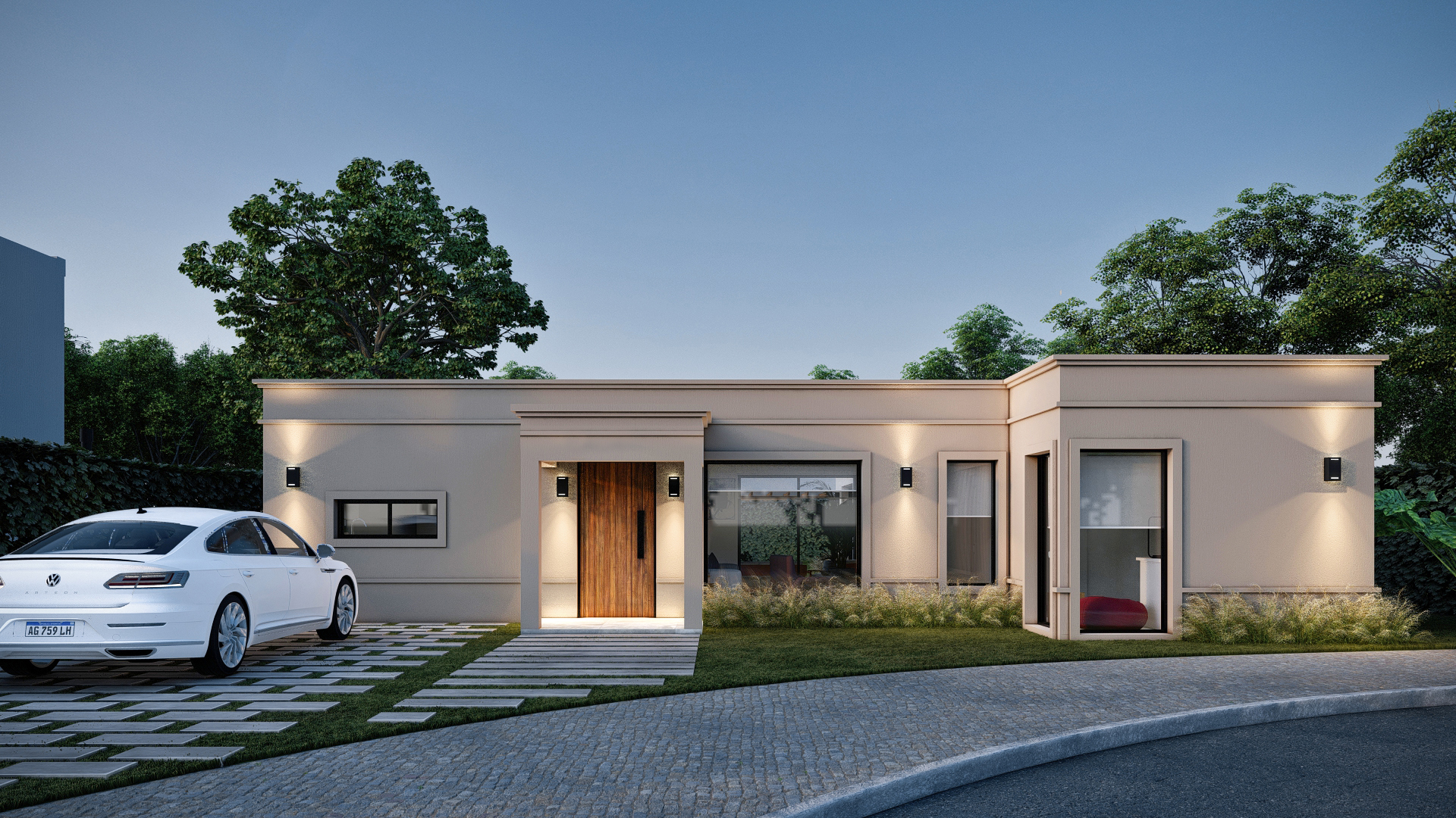 Render 3D: frente bajo con acceso iluminado