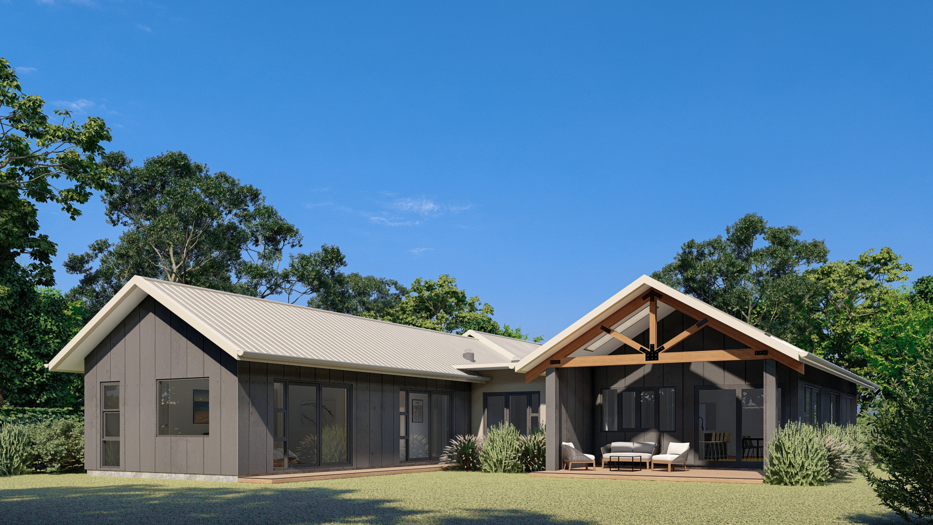 Render 3D: vivienda con porche de madera y techo inclinado
