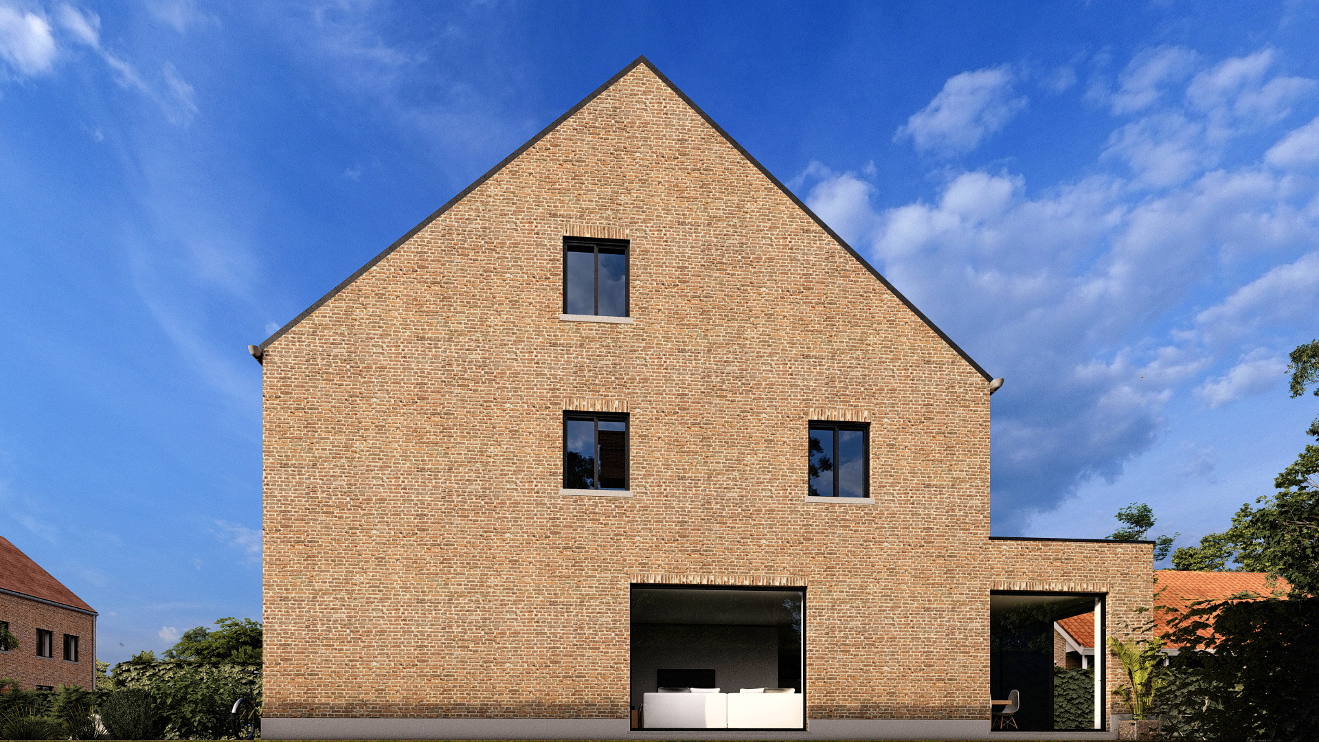 Render 3D: vivienda de ladrillo vista desde el lateral