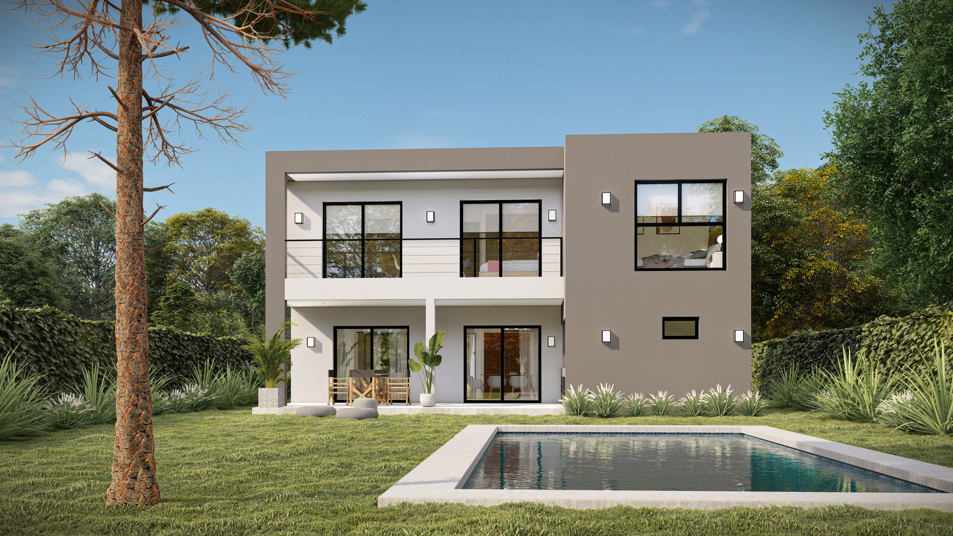 Render 3D: vivienda de dos plantas vista desde la piscina