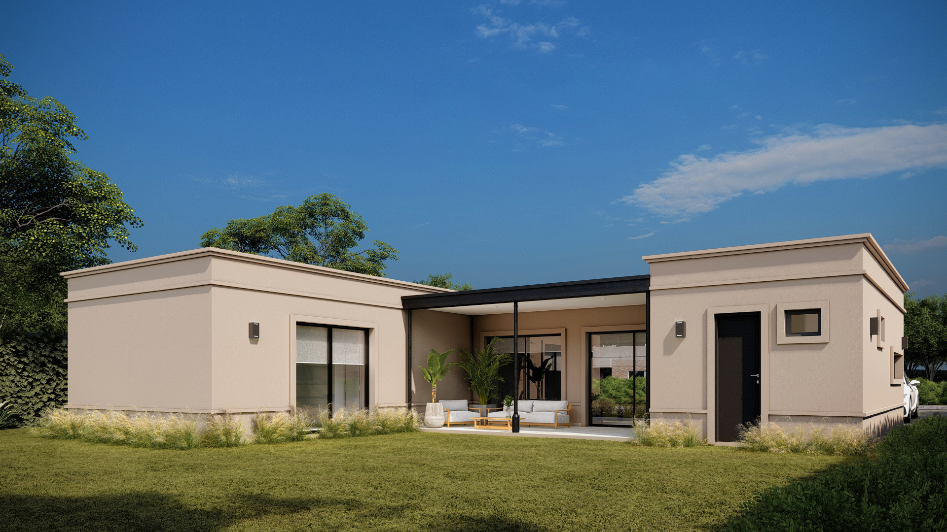 Render 3D: vivienda baja en tonos cálidos