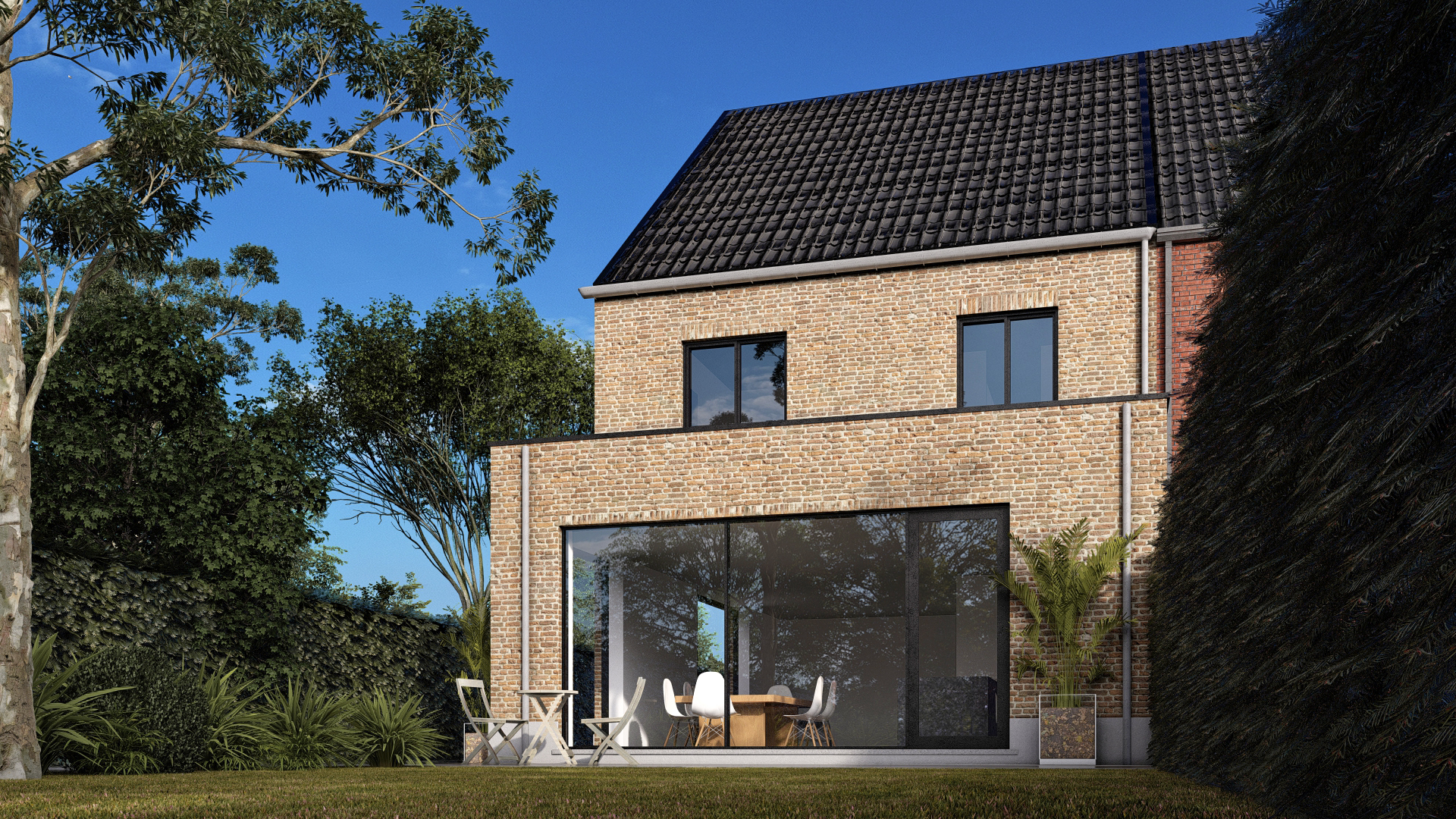 Render 3D: fachada de ladrillo con portón oscuro