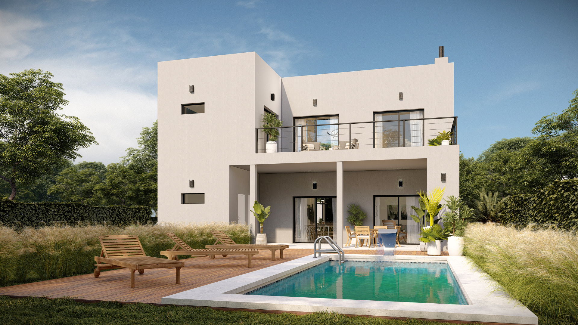 Render 3D: vivienda blanca vista desde el jardín y piscina